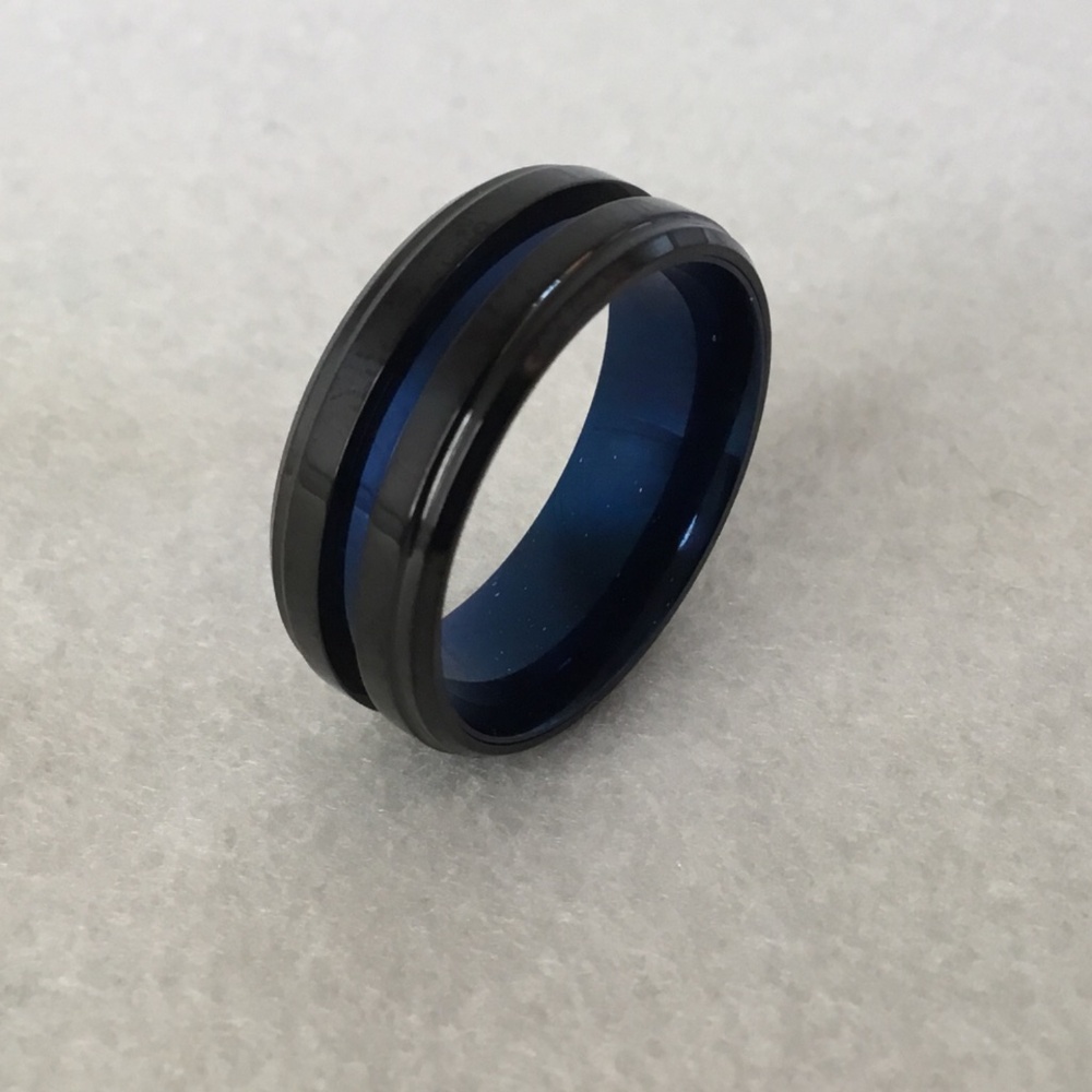 Men’s Black And Blue Steel Ring Size 9